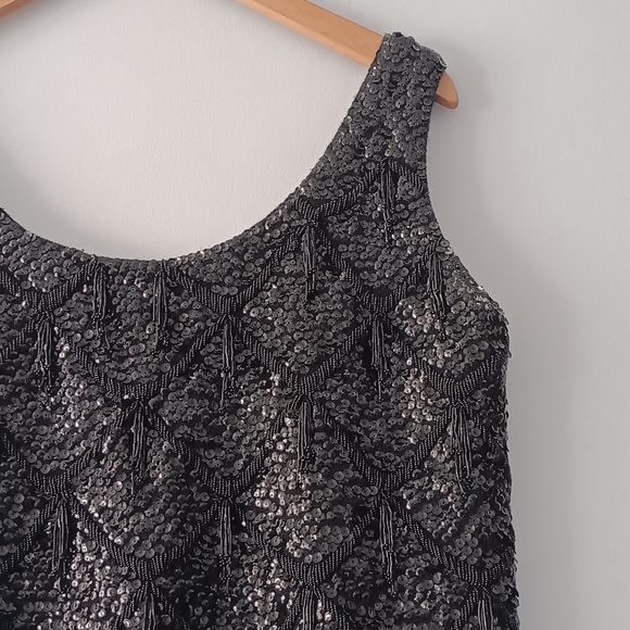 Cyn Les Vintage Black Sequin Beaded Fringe Party Evening Top Wool M - Picture 3 of 8